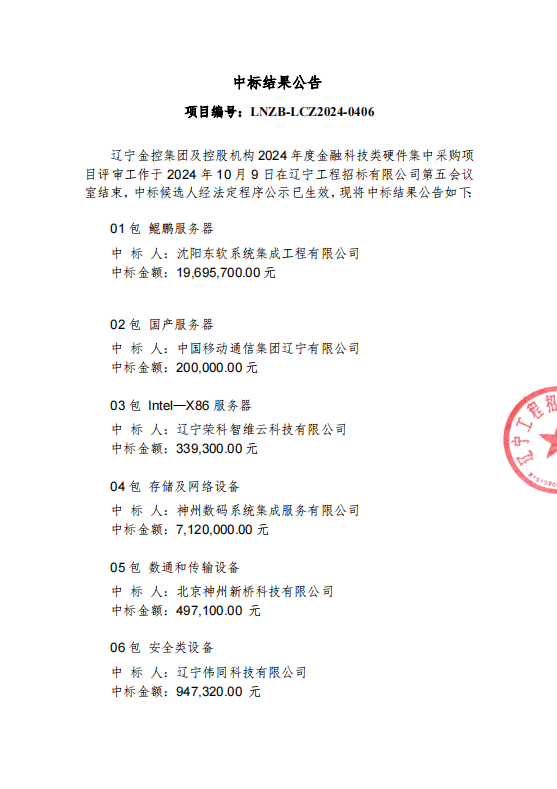 遼寧金控集團及控股機構2024年度金融科技類硬件集中采購項目結果公告